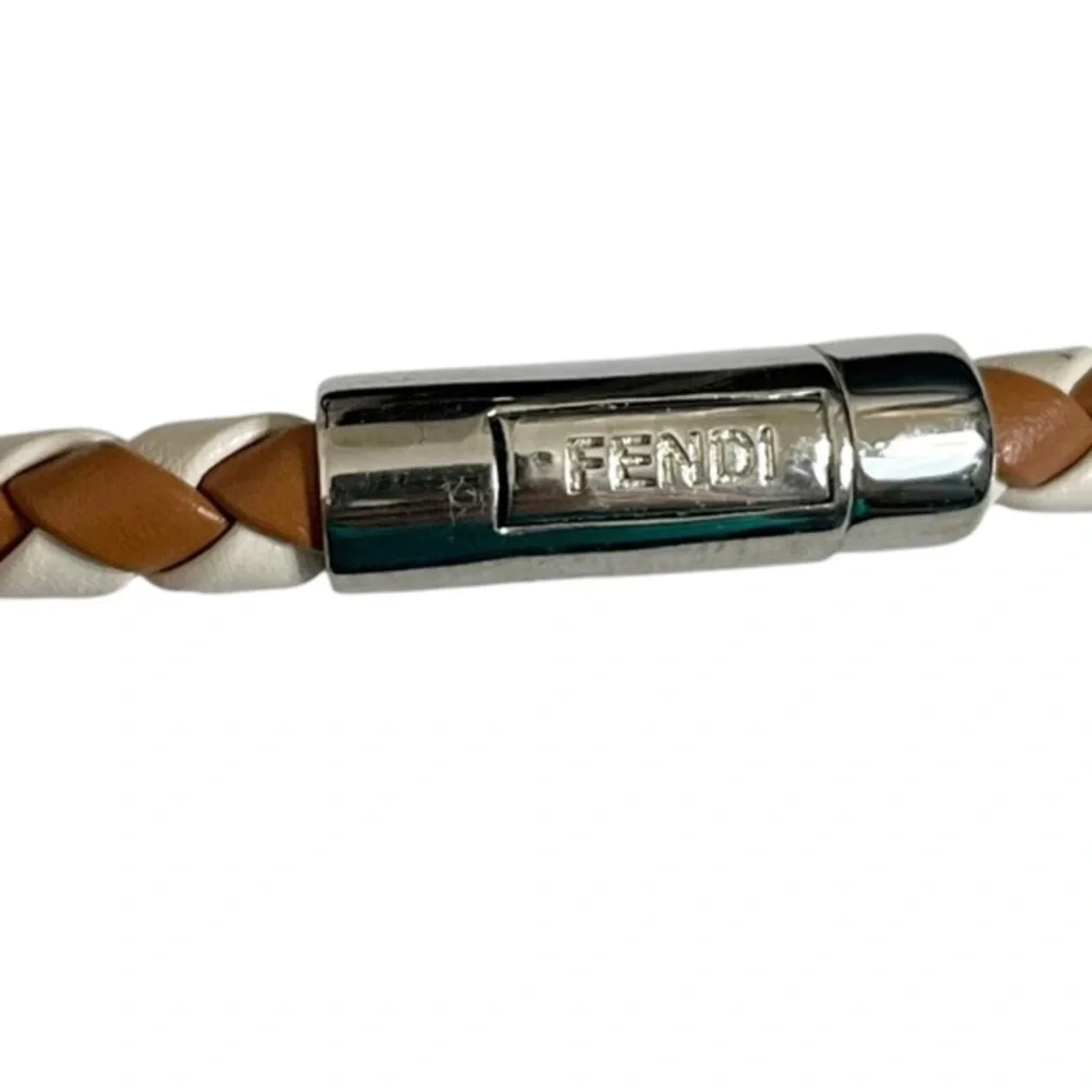 Fendi NWT Braided‎ Leather Bracelet Large Saddle Camelia Palladium Clasp
